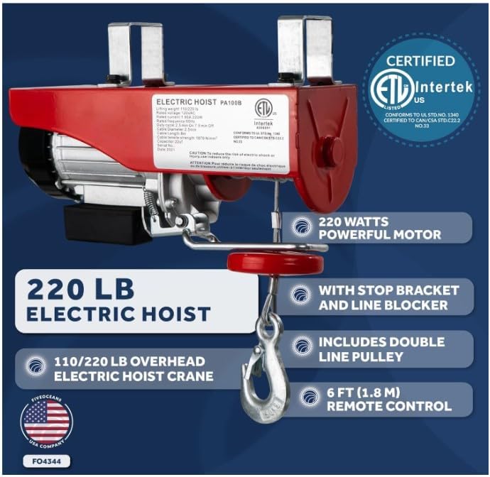 Five Oceans Electric Hoist, Hoist Pulley System, Pulley Hoist, 2200 Lb Lift Electric Winch with 20FT Remote Control 120 Volts, for Garage, Factory Lifting with Emergency Stop Button - FO4339