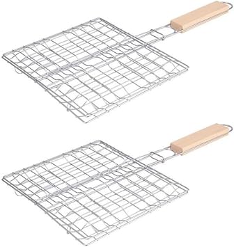 Stainless Steel Barbecue Rack 15X8.7 Inch Grill Basket with Wooden Handle 2Pcs Outdoor BBQ Cooking Tool for Patio Picnic Grilling Steak and Vegetables