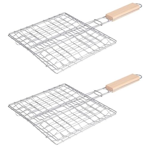 Stainless Steel Barbecue Rack 15X8.7 Inch Grill Basket with Wooden Handle 2Pcs Outdoor BBQ Cooking Tool for Patio Picnic Grilling Steak and Vegetables