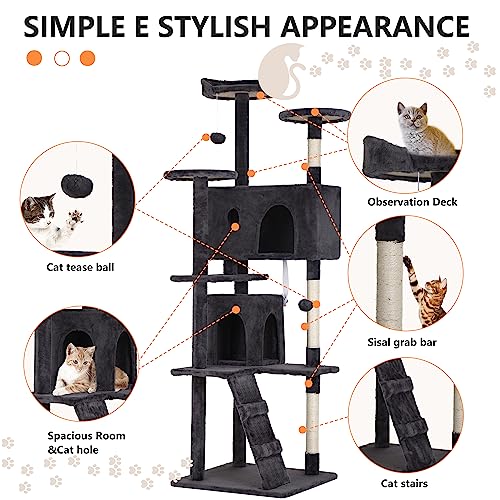 Image of BestPet | 70 inch Cat Tree Tower | Dark Gray | Sturdy Multi-Level Cat Tree