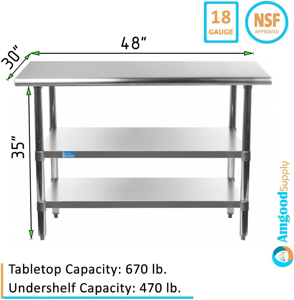 48" Long X 30" Deep Stainless Steel Work Table with 2 Shelves | Metal Food Prep Station | Commercial & Residential NSF Utility Table