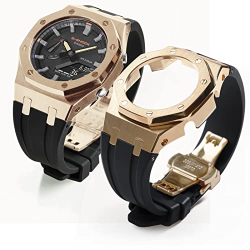 Image of GA2100 Stainless Steel Watch Case with Metal Watchband and Rubber Strap Mod Kit - Compatible with GA-2100 /GA-2110 /GA-B2100 Series - Watch Part Replacement