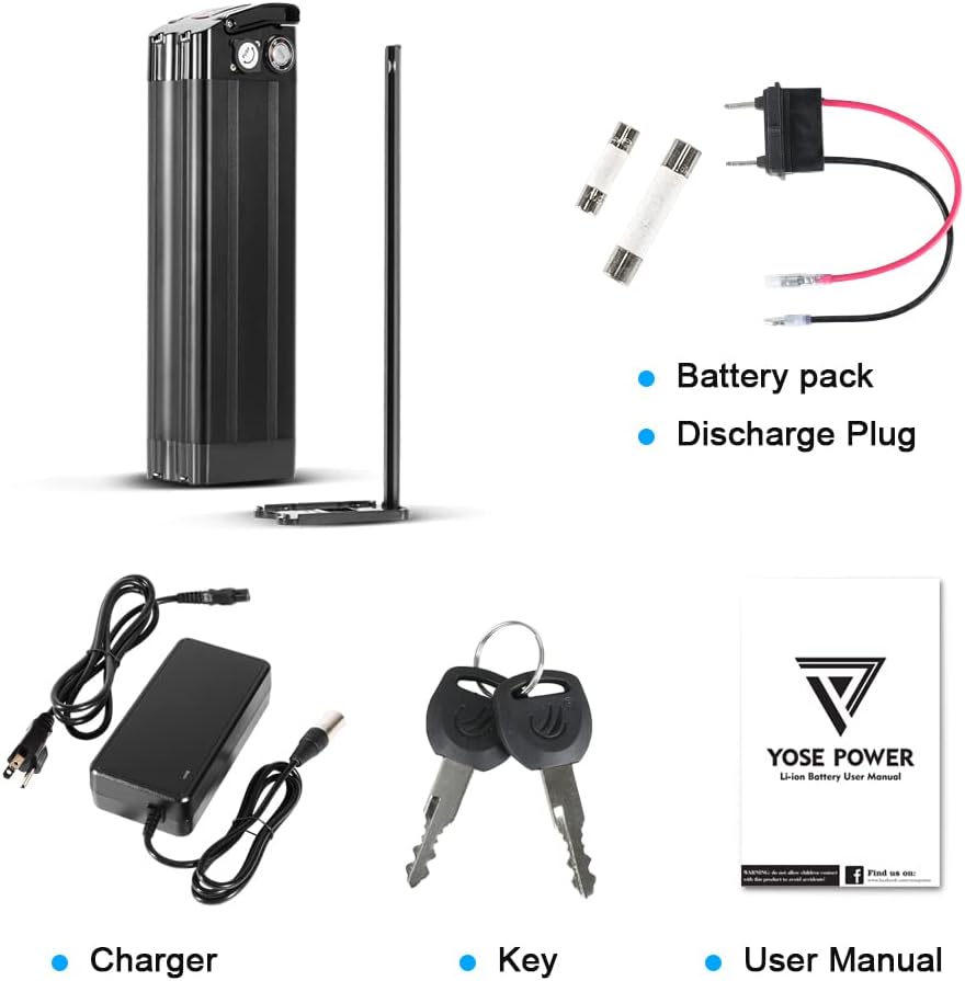 YS YOSE POWER Electric Bike Battery 36V17.4AH Silver Fish ebike Lithium-ion Batteries with Charger USB Port Electric Bicycle Battery Pedelec fit 36V250W 350W 500W 700W 900W Motor 390mm Height