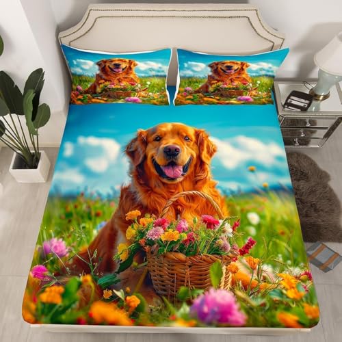 Latwerio Sabanas 135 x 190 Perro, 3D Flores Sábana Bajera de Microfibre Suave y Cómoda Transpirable, Funda de Colchón Sábana con Elástica Bolsillo Profundo 30 cm, Sabanas Cama 135, R1642