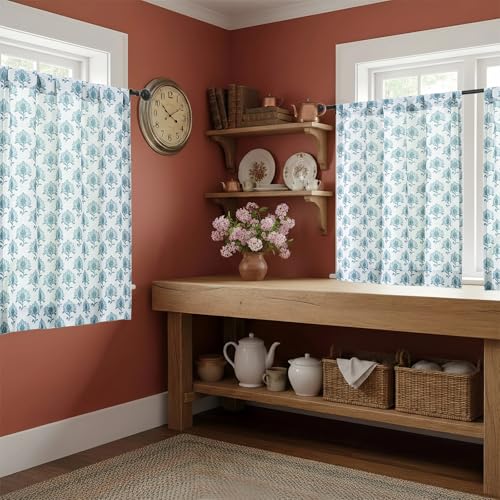Chyhomenyc Floral Short Kitchen Curtains 36 Inch Length - Light Filtering Faux Linen Living Room Half Window Curtains, Farmhouse Modern Boho Curtain for Bathroom Cabinet, 30Wx36L, 2 Pieces, Stone Blue by Chyhomenyc - Used condition - Image 7