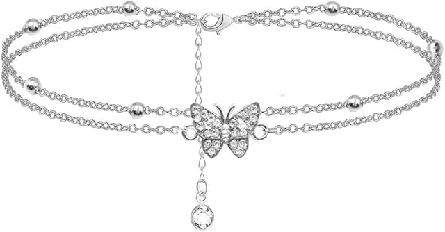 TENGYUE 14K Butterfly Silver anklets for Women - Adjustable Women's anklets - Jewelry Anklet Gifts for Women Teen Girls(Include Gift Box)