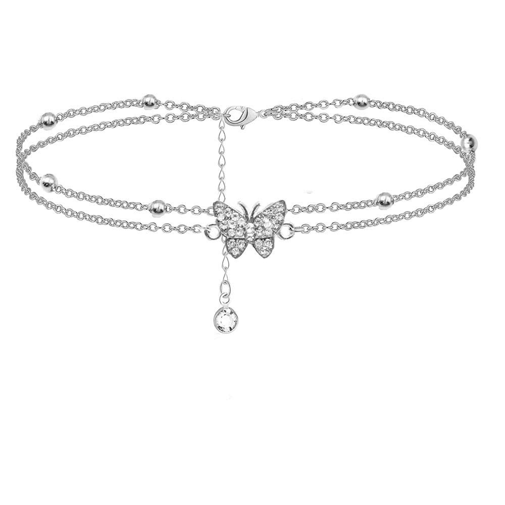 14K Butterfly Silver anklets for Women - Adjustable Layered Women's anklets - Jewelry Anklet Gifts for Women Teen Girls