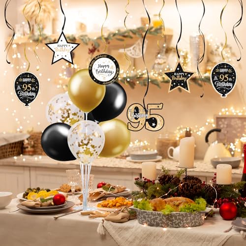 Nelbiirth Happy 95th Birthday Party Decorations Set,95th Birthday Gold Swirls Streamers with Gold Ta