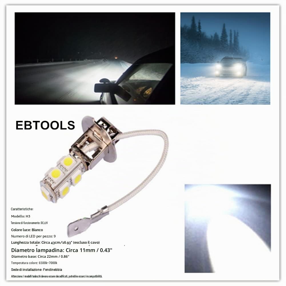 2PZ Lampadina Fendinebbia H3 5050 Bianco 9SMD LED Xenon DC 12V Fendinebbia Lampada LED Auto Lampadina Fendinebbia Alta Luminosità 6500K~7000K Lampadine Fendinebbia per Auto