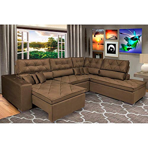 Sofa de Canto Retrátil e Reclinável com Molas Cama Inbox Platinum 3,40x2,36 Tecido Suede Café