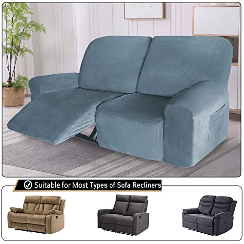 Nc Home Velvet 6 Pieces Recliner Loveseat Cover, 2 Seaters Lazy Boy Reclining Furniture Protector For Kids & Pet, Non Slip Love Seat Sofa Couch Slipcover, Thick, Washable (Stone Blue) #TOP1