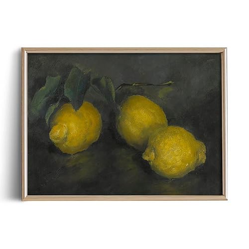 Farmhouse Still Life Picture Living Room - Warm Moody Muted Yellow Lemon Oil Painting - Art Deco Wall Art for Kitchen - 11 x 14 Art Print- Rustic