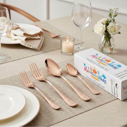 Image of Classic Rose Gold 16 Pcs Stainless Steel Cutlery Set for Dining Table, Dishwasher Safe Glossy Flatware (Perfect Spoon Fork Set)