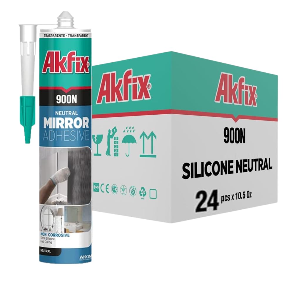 Akfix 900N Clear 100% Silicone Adhesive for Mirror (24x10.5 fl.oz.) - Solvent-Free Mirror Adhesive, Low Odor, Non-Corrosive, Durable, Fast Curing, Non-sag, Flexible Silicone Caulk | Clear, 24 Pack