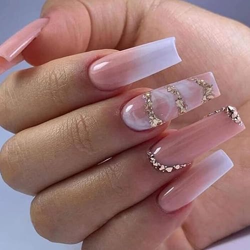 Uñas postizas largas a presión, uñas postizas con pegamento, uñas postizas rosas con diseños de diamantes de imitación de lámina dorada, uñas