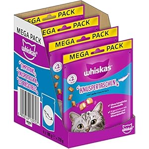 Whiskas Knuspertaschen Lot de 4 Paquets de friandises pour Chat au goût Saumon, 4 x 180 g (4 Paquets) – Différents emballages de Produits Disponibles