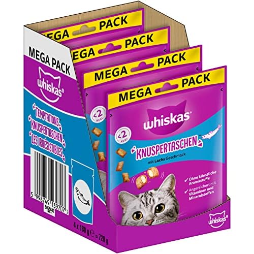 Whiskas Knuspertaschen Lot de 4 Paquets de friandises pour Chat au goût Saumon, 4 x 180 g (4 Paquets) – Différents emballages de Produits Disponibles
