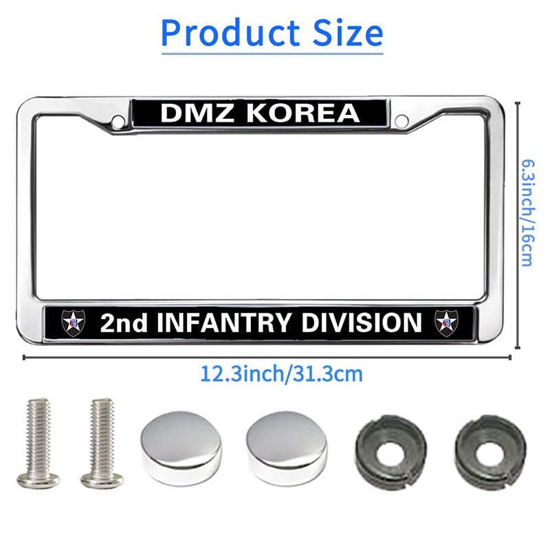 Image of DMZ Korea 2nd Infantry Division License Plate Frame Metal Auto Tag Holder | US Army 3rd Infantry Division License Plate Frame Chrome Metal Car Tag Cover Fit Standard US Auto Trucks Exterior Hardware