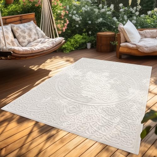 Paco Home Teppich In- & Outdoor, Moderne abstrakte Boho Designs mit 3D Struktur, robust & wetterfest, ideal für Terrasse Wohnzimmer & Küche, Grösse:120x160 cm, Farbe:Creme 3
