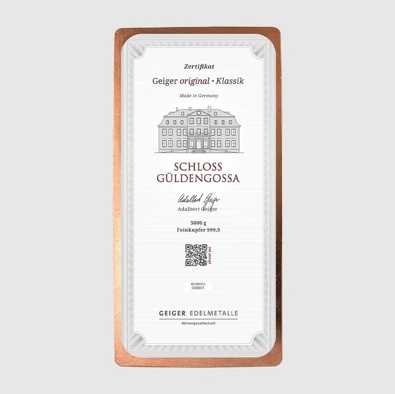 Kupferbarren Geiger 5 Kg 5 Kilo 5000 Gramm Schloss Güldengossa original Kupfer Barren 999.9