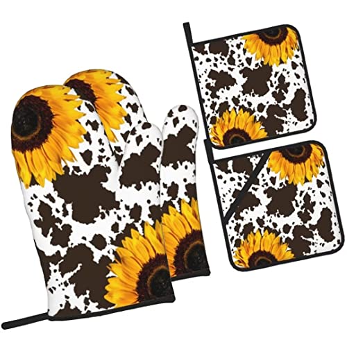 Mifsoiavv Cow Sunflower Oven Mitts And Pot Holders Sets Of 4 Cowhide Brown Cow Print Kitchen Mitts Heat Resistant Farmhouse Animal Cowhide Skin Potholders Oven Gloves Set For Kitchen Baking Grilling #TOP1