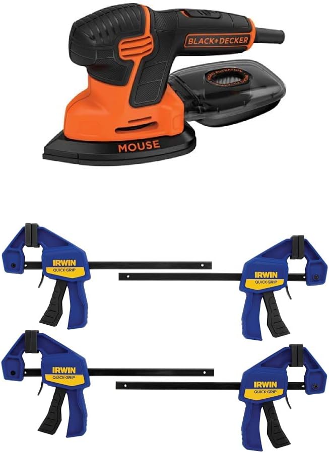BLACK+DECKER Mouse Detail Sander, Compact with IRWIN QUICK-GRIP Clamps, One-Handed, Mini Bar, 6-Inch, 4-Pack (BDEMS600 & 1964758)