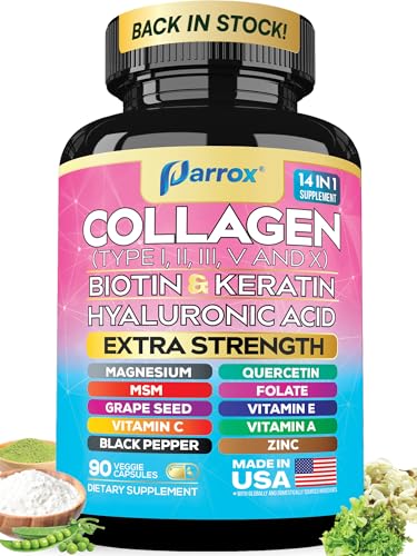 Parrox Collagen Peptides Types I, II, III, V & X, MCG Biotin, Keratin, Hyaluronic Acid, MSM, Zinc, Grape Seed Extract, Quercetin, Vitamin A, Vitamin C, Vitamin E, Magnesium, Folic Acid (90 Capsules)