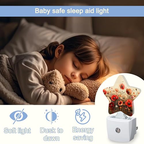Image of Night Light,Red Poppy Flower Plug into Wall with Dusk to Dawn Light Sensors,Vintage Floral Warm Star Nightlights for Bedroom,Bathroom,Hallway,Kitchen Home Decor Desk Lamp