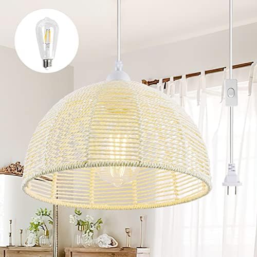 Plug in Pendant Light,Rattan Hanging Light with 15 Ft Plug in Cord,1-Light Handmade Woven Boho Pendant Lights,Plug in Hanging Ceiling Lamp for Dinning Room Table/Kitchen Island/Bedroom