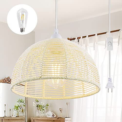 Plug In Pendant Light,Rattan Hanging Light With 15 Ft Plug In Cord,1-Light Handmade Woven Boho Pendant Lights,Plug In Hanging Ceiling Lamp For Dinning Room Table/Kitchen Island/Bedroom #TOP11