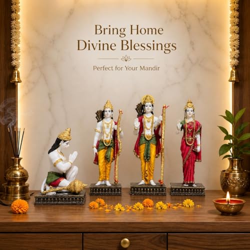 Image of ARMONIA Ram Darbar with Ram, Laxman, Sita & Hanuman Murti Idol Statue for Home Decor Temple | Marble Dust Finish- Multicolour - 30 cm | Best Gift for Wedding & Housewarming (Inside 1 Microfiber Cloth)