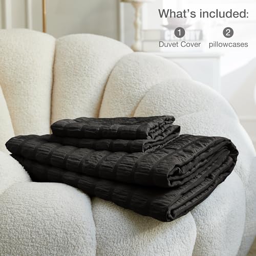 Image of JELLYMONI Black Duvet Cover King Size, 3pcs Washed Microfiber Bedding Set, Soft Breathable Seersucker Duvet Cover Set with Zipper Closure and Corner Ties for All Seasons