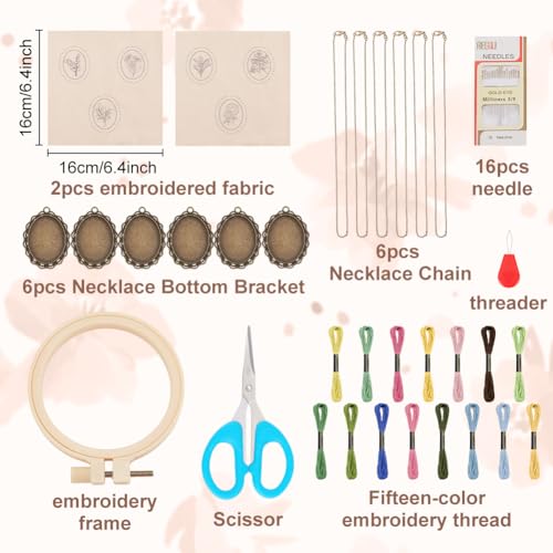 Image of ACRNIGHEET 6PCS Flower Embroidery Necklace DIY Mini Embroidery Kit Cross Stitch Necklace Pendant Embroidery Kit for Beginners Sewing Jewelry Embroidery Hoops and Necklace Chains Creative Gifts