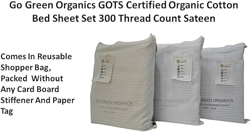 Miniatura 7 de GO GREEN ORGANICS Juego de sábanas de satén de algodón orgánico con certificación GOTS de 300 hilos (tamaño King, sábana encimera de rayas grises de