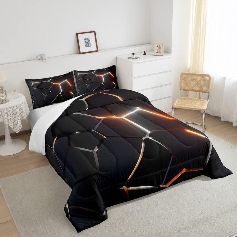 Miniatura 4 de Juego de ropa de cama de panal hexagonal negro y naranja para niños y niñas, edredón geométrico de colmena, decoración suave, juego de edredón