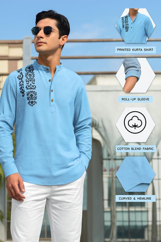 Image of FINIVO FASHION Men's Cotton Blend Short Kurta Shirt | Casual Ethnic Wear with Roll-Up Sleeves & Mandarin Collar | Comfortable Fit Tunic for Festive, & Summer Outings