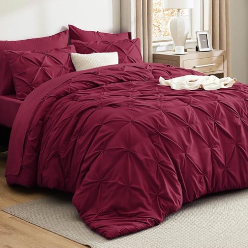 Image of Bedsure Queen Comforter Set Dark Red - Bed in a Bag Queen Size Bedding 7 Pieces, GentleSoft Pintuck Bed Set Gift for Family, All Season Down Alternative Comforter with Sheets, Pillowcases & Shams