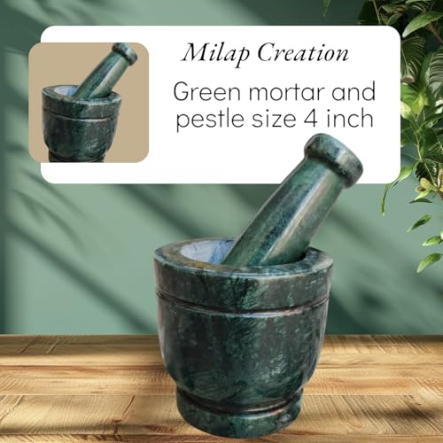 Image of Boat Shape Marble Mortar and Pestle Set Stone, Khalbatta, Kharal, Okhli, Musal Kitchen Tool For Crushing Grinding Blending (Imamdasta-Green-4-Inch)