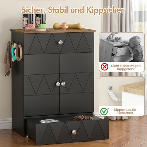 Haustier-Futterschrank mit Lagerschrank, Futterschrank Hund mit 2 Edelstahlnäpfen & 3 Haken, Hundefutterstation mit Schubladen & Verstellbarer Ablage, Hundebar für Hunde, 61x35,5x82,5cm (Schwarz)