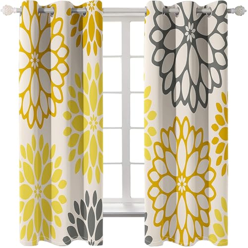 Homxi Cortinas para Salon Blackout 2 Piezas,2 x 214W x 183H CM,Cortinas de Salon Ojales Patrón de Flores Cortina Salón Gris Amarillo