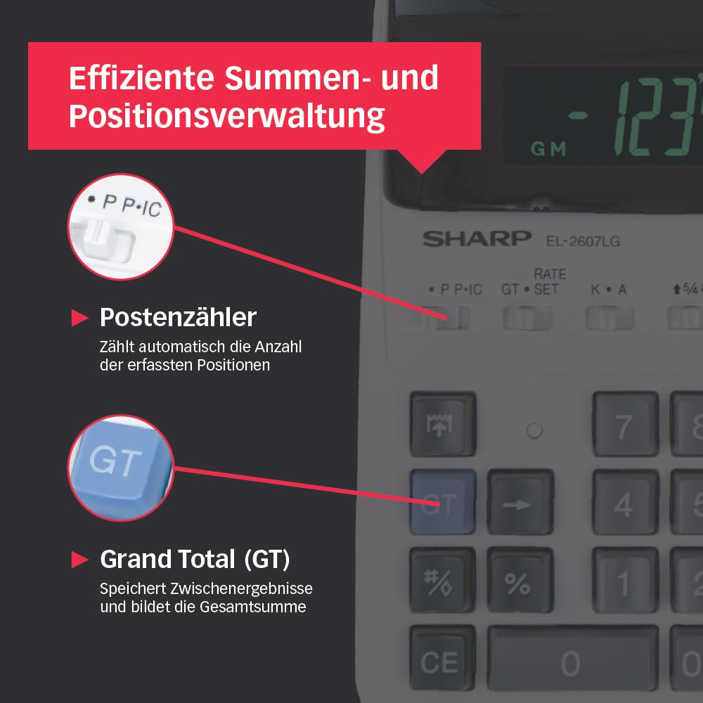 Sharp EL-2607LG Druckender Tischrechner 12-stellig, LCD Display, Heavy-Duty-Druckwerk, Tax/Währung, Schwarz/Rot Druck, Netzanschluss, Weiß