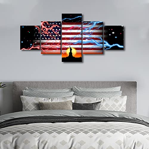 Tumovo Canvas Wall Art Print American Flag Wall Art For Bedroom Lightning Statue Of Liberty Wall Decor Art Paintings Usa Flag Modern Giclee Artwork For Office Home Decor Ready To Hang, 50" Wx24 H #TOP2