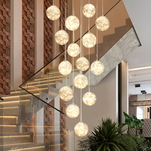 KAUCQI LED Lámpara de Colgante de 15 Bolas de Cristal, 75W Araña de Gypsophila Creativa, Longitud Ajustable, Lámparas de Techo Modernas Para Villas, Escaleras