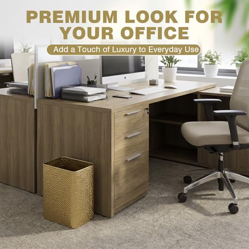 Image of Maxdot 10.63 x 8.86 x 5.51 inches Gold Trash Can for Bathroom Small Metal Waste Basket, Hammered Garbage Can with Brass Finish, Decorative for Bedroom, Office, Kitchen (Rectangle)