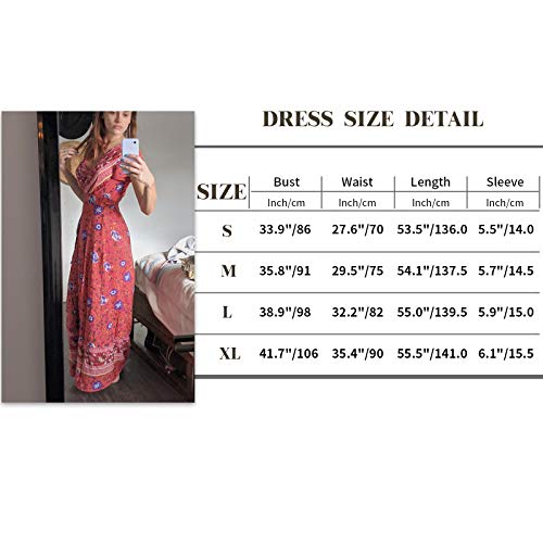 Temofon Womens Boho Wrap Dresses: Women Floral Summer Maxi Bohemian Beach Dress Short Sleeve V-Neck Casual Midi Size M Red #TOP5