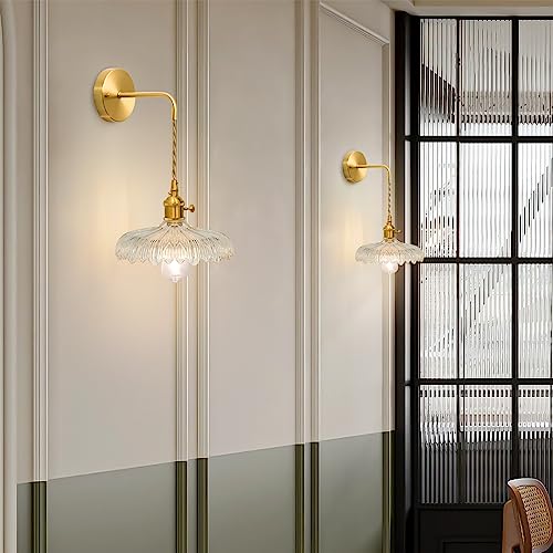 Shenmoyl Vintage 1-Light Wall Sconces Clear Flower Shade Pattern Glass Adjustable Chain Retro Gold Wall Mounted Light, Wall Lamp Fixtures Decor For Bedside Bedroom Indoor Doorway #TOP6