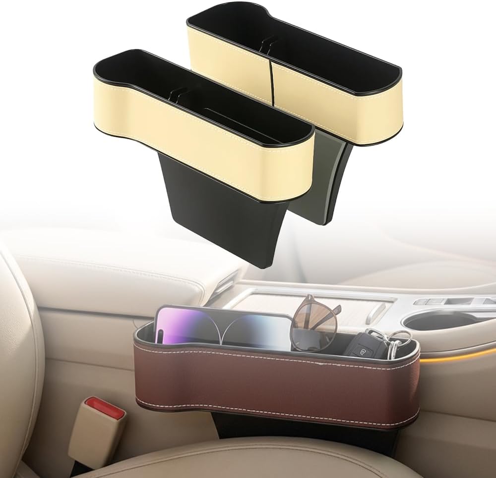 Car Seat Gap Filler Organizer, 2026 New Premium Leather Console Organizer for Holding Phone, Sunglasses, Auto Console Side Storage Box with Cup Holders 2 Seat Hooks for Drink (Black, 1Set)