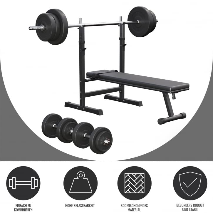 Gorilla Sports® halterbank met lange halterset 38 kg / 70 kg kunststof 30/31 mm – trainingsbank met legplank, lange halters, korte halters, gewichten en stersluitingen - Image 6