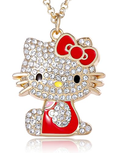 SALLY ROSE Hello Kitty Red Enamel and Pave Crystal Pendant Necklace Official License Gold-Tone 16+3 Hello Kitty Necklace Sanrio Gifts