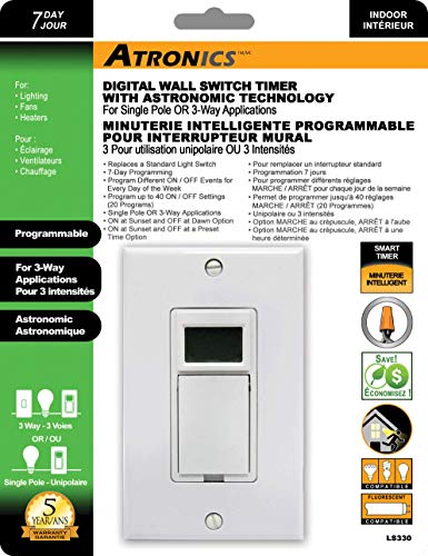 Atronics Digital Wall Switch Timer For 3-Way And Single Pole Application, For Fans, Lights, Heaters. 7 Day Programming - 20 Programs #TOP1